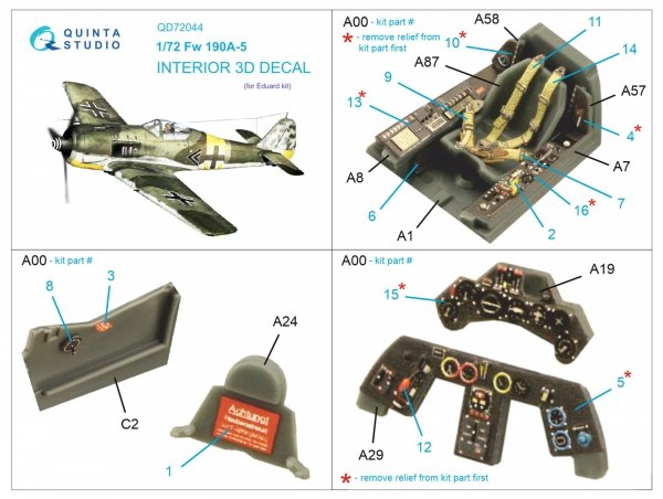 Quinta Studio QD72044 Fw 190A-5 3D-Printed &amp; coloured Interior on decal paper (Eduard) 1/72
