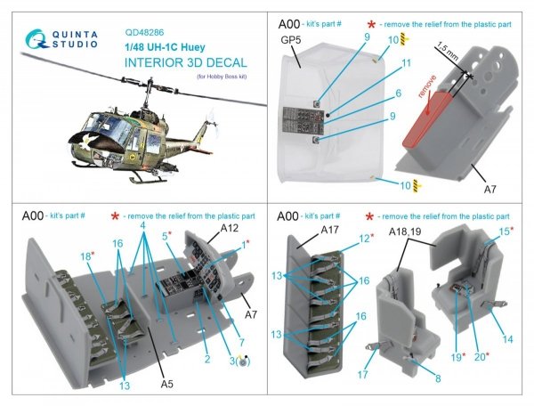 Quinta Studio QD48286 UH-1C 3D-Printed &amp; coloured Interior on decal paper (HobbyBoss) 1/48