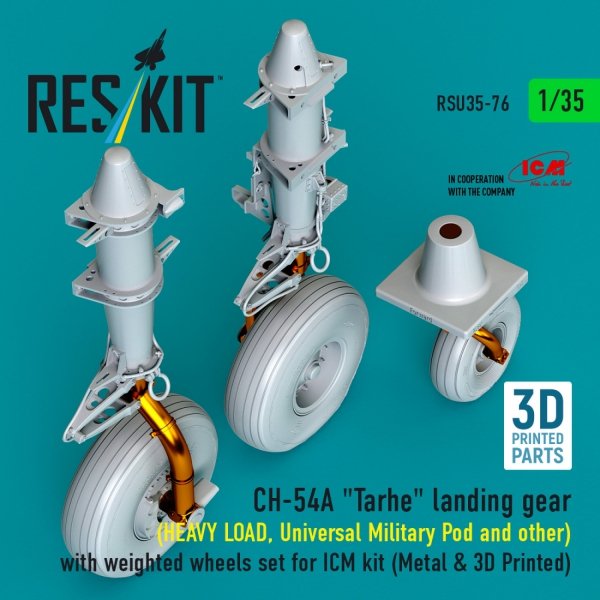 RESKIT RSU35-0076 CH-54A "Tarhe" landing gear (HEAVY LOAD, Universal Military Pod and other) with weighted wheels set for ICM kit (Metal &amp; 3D Printed) (1/35)