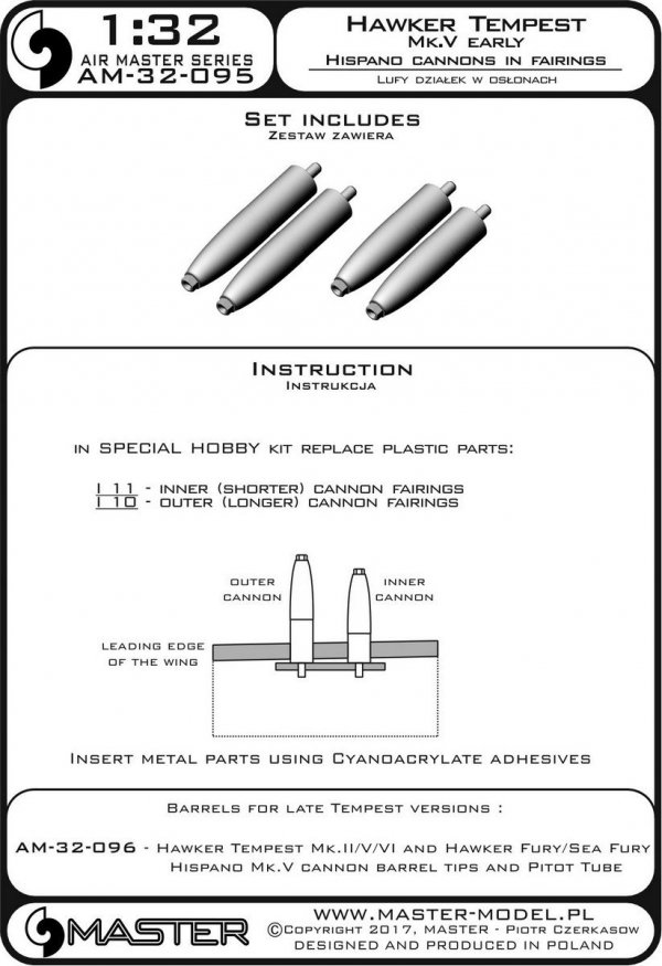 Master AM-32-095 Hawker Tempest Mk.V wczesna wersja - lufy działek Hispano 20mm w osłonach (4 szt.) (1:32)