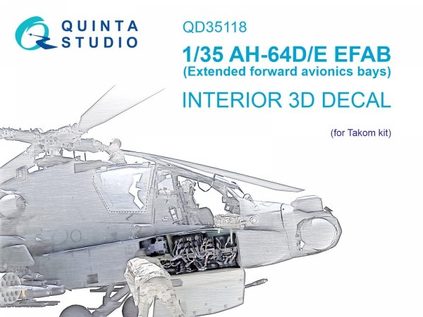 Quinta Studio QD35118 AH-64D Extended forward avionics bays 3D-Printed &amp; coloured Interior on decal paper (Takom) 1/35