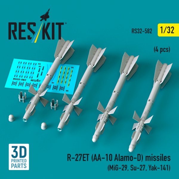 RESKIT RS32-0582 R-27ET (AA-10 Alamo-D) missiles (4 pcs) (MiG-29, Su-27, Yak-141) (3D Printed) (1/32)