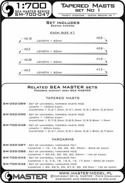 Master SM-700-047 Set of universal tapered masts No1 (length = 60mm each, diameters = 0,15/0,6mm; 0,2/0,8mm; 0,25/1mm; 0,3/1,2mm) 1:700