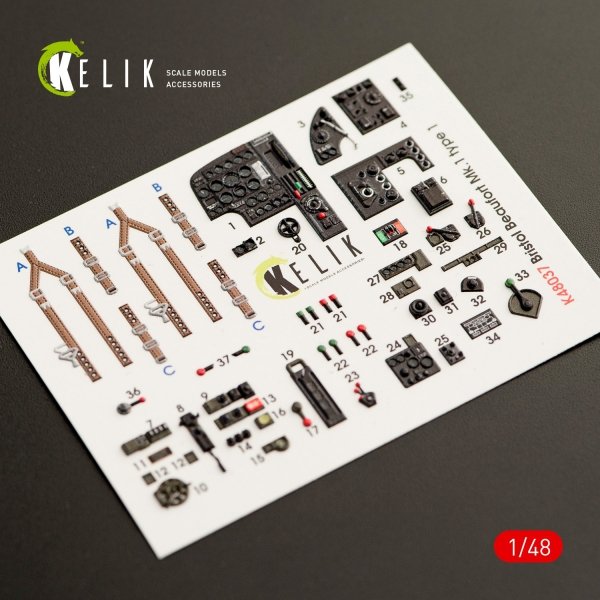 KELIK K48037 BRISTOL BEAUFORT MK.1 TYPE 1 INTERIOR 3D DECALS FOR ICM KIT 1/48