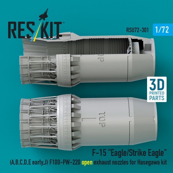 RESKIT RSU72-0301 F‑15 "Eagle/Strike Eagle" (A, B, C, D, E early, J) F100-PW-220 open exhaust nozzles for Hasegawa kit (3D Printed) (1/72)