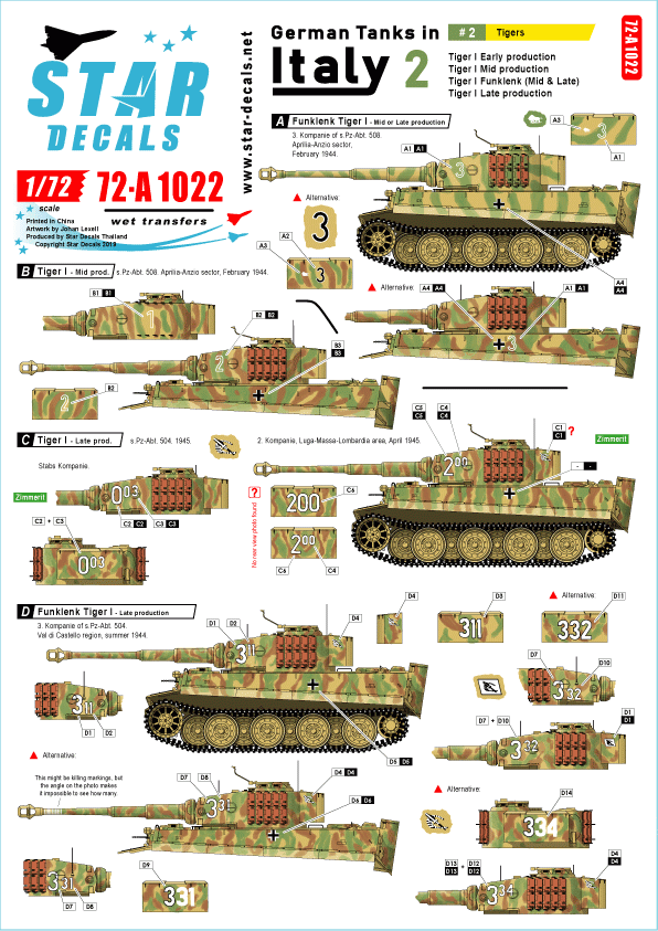 Star Decals 72-A1022 German tanks in Italy # 2. Tigers. 1/72