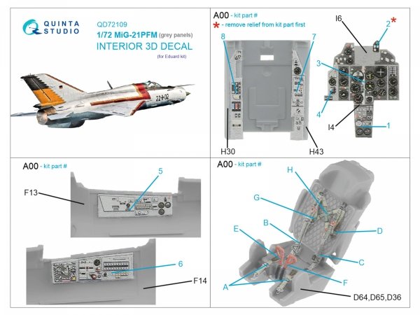 Quinta Studio QD72109 MiG-21PFM Gray panels 3D-Printed &amp; coloured Interior on decal paper (Eduard) 1/72
