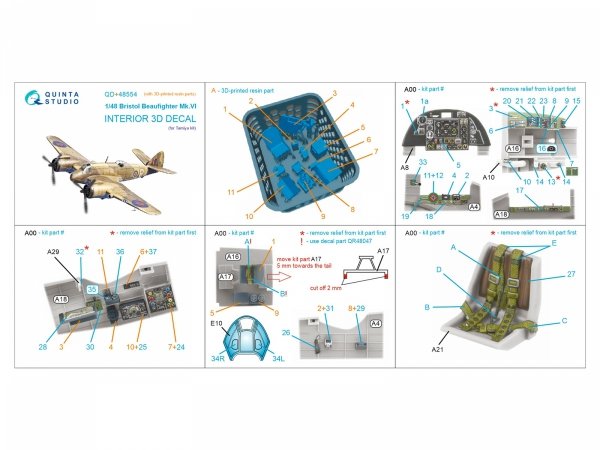 Quinta Studio QD+48554 Bristol Beaufighter Mk.VI 3D-Printed &amp; coloured Interior on decal paper (Tamiya) (with 3D-printed resin parts) 1/48