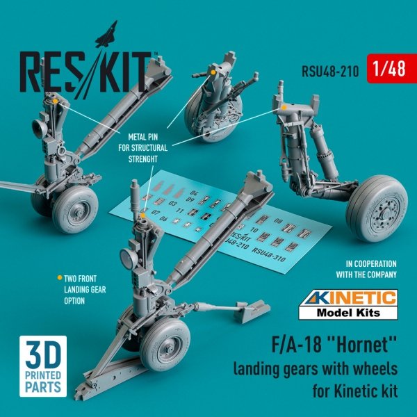 RESKIT RSU48-0210 F/A-18 &quot;HORNET&quot; LANDING GEARS WITH WHEELS FOR KINETIC KIT (RESIN &amp; 3D PRINTED) 1/48