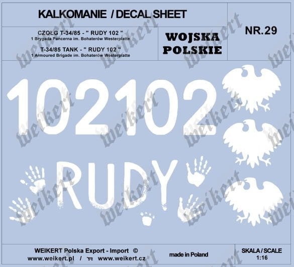 Weikert Decals DEC229 WOJSKO POLSKIE - CZOŁG T-34/85, RUDY 102 i inne / 1 i 2 Armia Polska 1/16