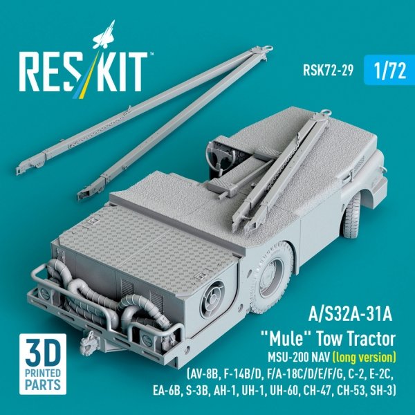 RESKIT RSK72-0029 A/S32A-31A "Mule" Tow Tractor MSU-200 NAV (long version) (AV-8B, F-14B/D, F/A-18C/D/E/F/G, C-2, E-2С, EA-6B, S-3B, AH-1, UH-1, UH-60, CH-47, CH-53, SH-3) (3D Printed model kit) (1/72)