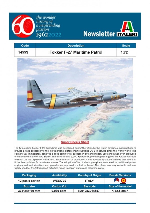 Italeri 1455 Fokker F-27 SAR 1/72
