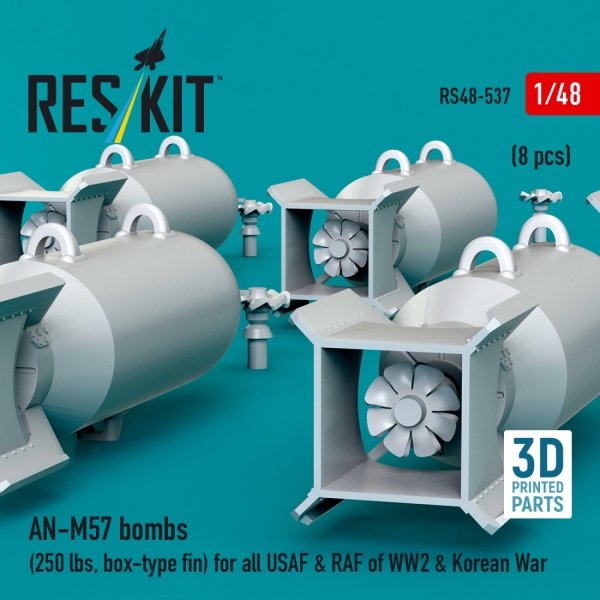 RESKIT RS48-0537 AN-M57 bombs (250 lbs, box-type fin) for all USAF &amp; RAF of WW2 &amp; Korean War (8 pcs) (3D Printed) 1/48
