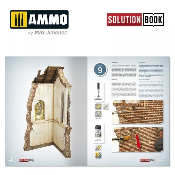 AMMO of Mig Jimenez 6510 How to Paint Brick Buildings. Colors &amp; Weathering System Solution Book (Multilingual)