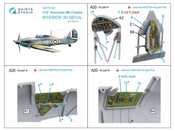 Quinta Studio QD72123 Hurricane Mk.I family 3D-Printed coloured Interior on decal paper (Airfix) 1/72