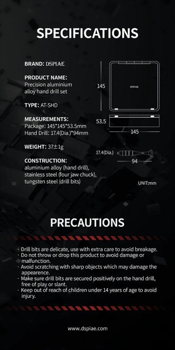 DSPIAE AT-SHD Precision Aluminum Alloy Hand Drill Set / Zestaw wiertarki ręcznej i precyzyjnych wierteł ze stopu aluminium