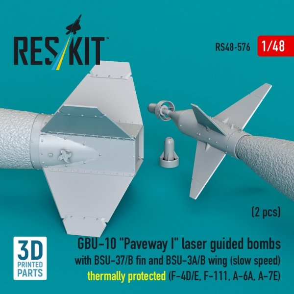 RESKIT RS48-0576 GBU-10 "Paveway I" laser guided bombs with BSU-37/B fin and BSU-3A/B wing (slow speed) thermally protected (2 pcs) (3D Printed) 1/48
