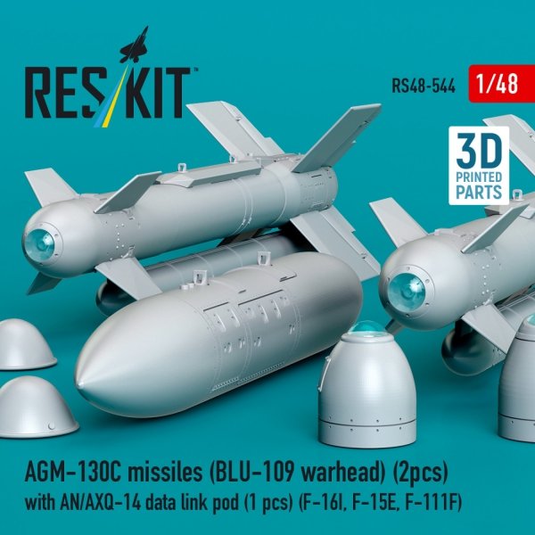 RESKIT RS48-0544 AGM-130C missiles (2 pcs) (BLU-109 warhead) with AN/AXQ-14 data link pod (1 pcs) (3D Printed) 1/48