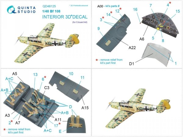 Quinta Studio QD48125 Bf108 3D-Printed &amp; coloured Interior on decal paper (Eduard) 1/48