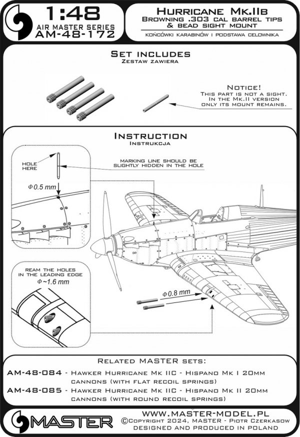 Master AM-48-172 Hawker Hurricane Mk.IIb - końcówki luf Browning .303 oraz podstawa celownika 1/48