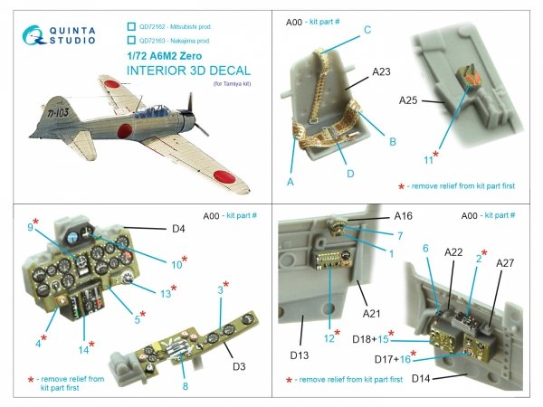 Quinta Studio QD72162 A6M2 Zero (Mitsubishi Prod.) 3D-Printed coloured Interior on decal paper (Tamiya) 1/72