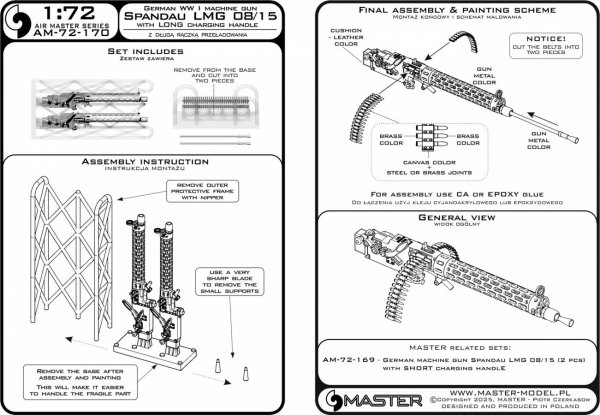 Master AM-72-170 Niemiecki km z okresu I w.św. Spandau LMG 08/15 (2 szt.) - z DŁUGĄ rączką przeładowania - wydruki 3D i mosiężne lufy 1/72