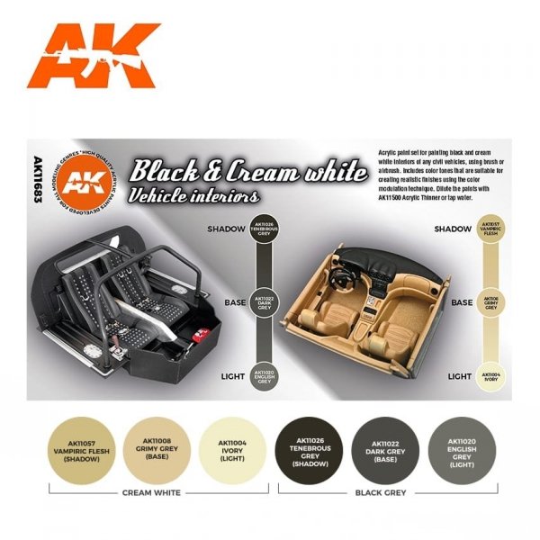 AK Interactive AK11683 3G BLACK &amp; CREAM WHITE VEHICLE INTERIORS  6x17 ml