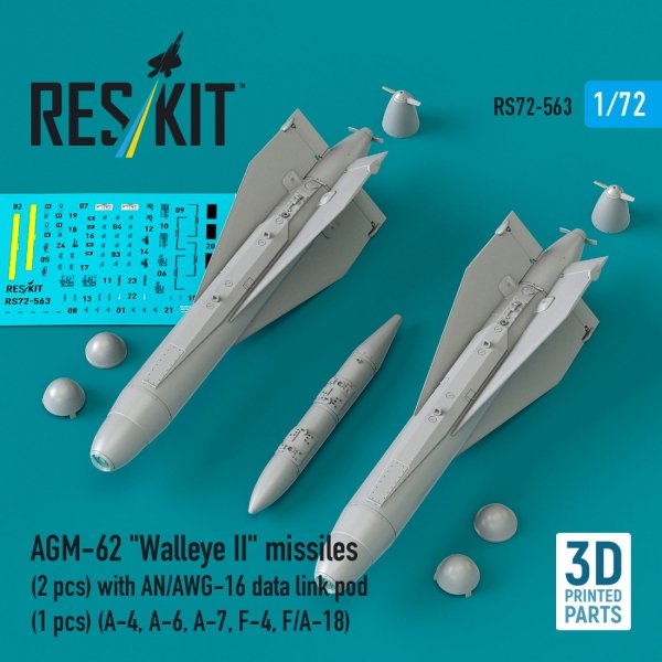 RESKIT RS72-0563 AGM-62 "Walleye II" missiles (2 pcs) with AN/AWG-16 data link pod (1 pcs) (A-4, A-6, A-7, F-4, F/A-18) (3D Printed) (1/72)