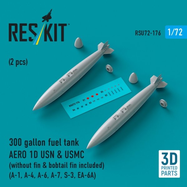 RESKIT RSU72-0176 300 gallon fuel tank AERO 1D USN &amp; USMC (without fin &amp; bobtail fin included) (2 pcs) (3D Printed) 1/72