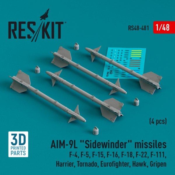 RESKIT RS48-0481 AIM-9L &quot;Sidewinder&quot; missiles (4 pcs) (3D Printed) 1/48