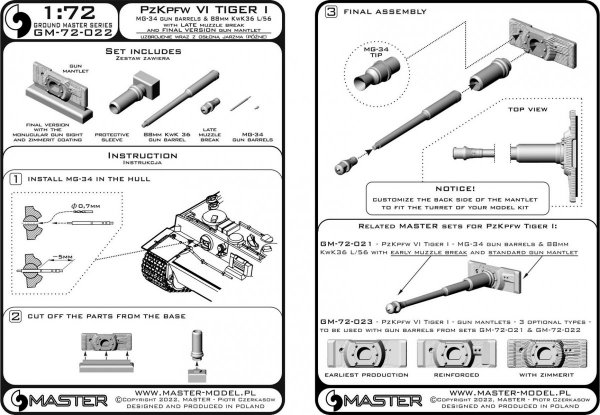 Master GM-72-022 PzKpfw VI Tiger I - MG-34 gun barrels &amp; 88mm KwK36 L/56 with late muzzle break and final version gun mantlet 1/72