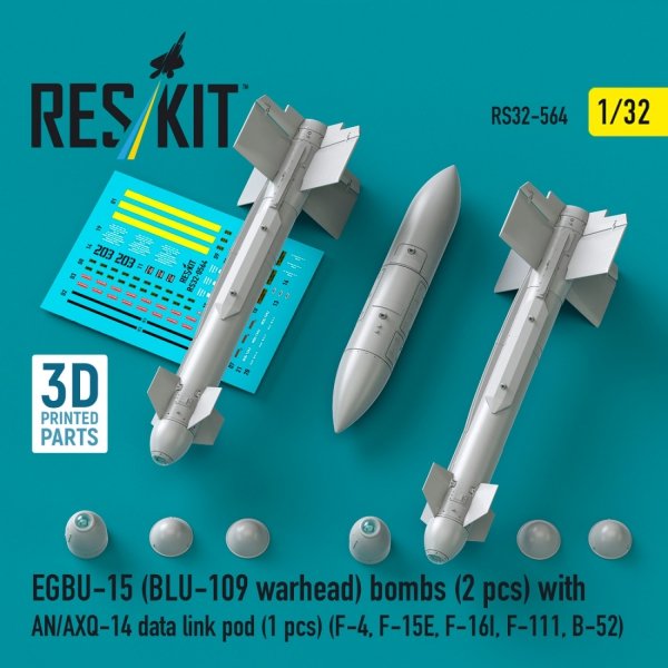 RESKIT RS32-0564 EGBU-15 (BLU-109 warhead) bombs (2 pcs) with AN/AXQ-14 data link pod (1 pcs) (3D Printed) 1/32