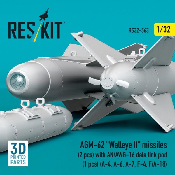 RESKIT RS32-0563 AGM-62 "Walleye II" missiles (2 pcs) with AN/AWG-16 data link pod (1 pcs) (A-4, A-6, A-7, F-4, F/A-18) (3D Printed) (1/32)