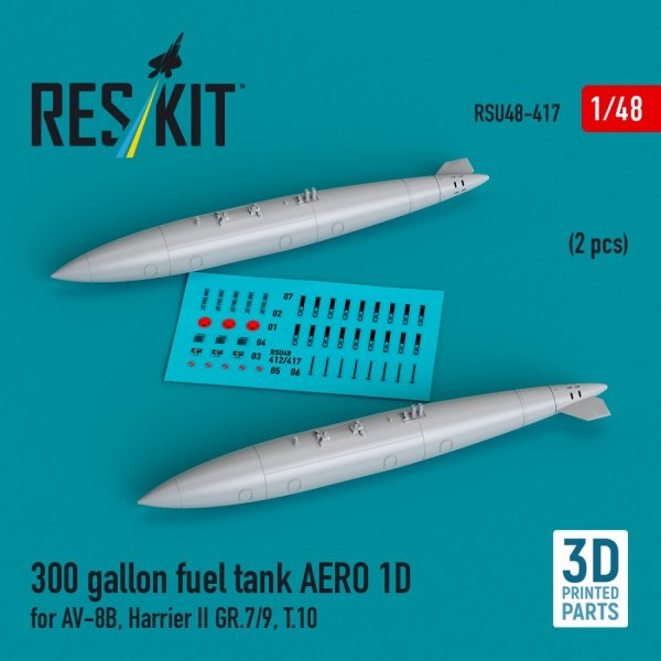 RESKIT RSU48-0417 300 gallon fuel tank AERO 1D for AV-8B, Harrier II GR.7/9, T.10 (2 pcs) (3D Printed) 1/48