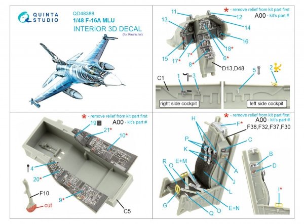 Quinta Studio QD48388 F-16A MLU 3D-Printed &amp; coloured Interior on decal paper (Kinetic) 1/48