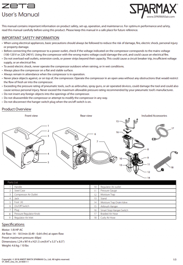 Sparmax AC501XZ Zeta Mini Air Compressor With Smart Stop Hanger And 2m Hose