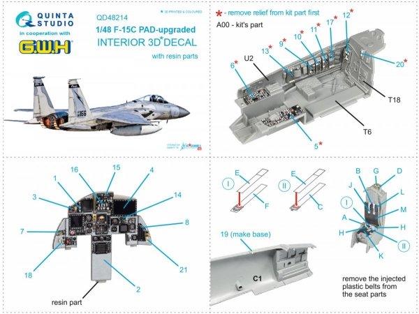 Quinta Studio QD48214 F-15C PAD-upgraded 3D-Printed &amp; coloured Interior on decal paper with resin parts (GWH) 1/48