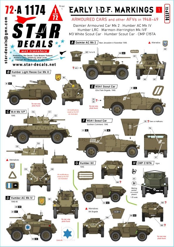 Star Decals 72-A1174 Early IDF markings # 1. Israeli armoured cars and AFVs in 1948-49. Daimler AC Mk 2, Humber AC Mk IV, Humber LRC, Marmon-Herrington Mk IVF, M3 White Scout Car, Humber SC, CMP C15TA.