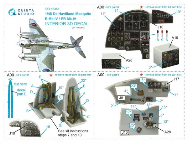Quinta Studio QD48355 DH Mosquito B Mk.IV/PR Mk.IV 3D-Printed &amp; coloured Interior on decal paper (Tamiya) 1/48