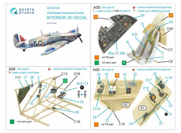 Quinta Studio QD32140 Hawker Hurricane Family 3D-Printed &amp; coloured Interior on decal paper (Fly) 1/32