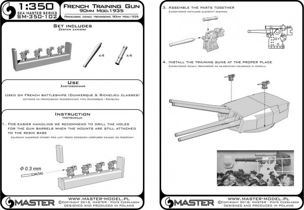 Master SM-350-102 Francuskie działo szkoleniowe 90mm model 1935 – używane na okrętach klasy Richelieu i Dunkerque – (elementy żywiczne, metalowe i blaszka fototrawiona) – (4 szt.) (1:350)