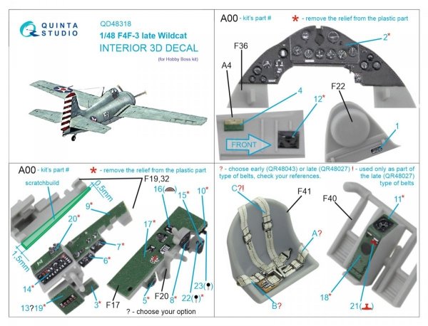 Quinta Studio QD48318 F4F-3 late 3D-Printed &amp; coloured Interior on decal paper (Hobby Boss) 1/48