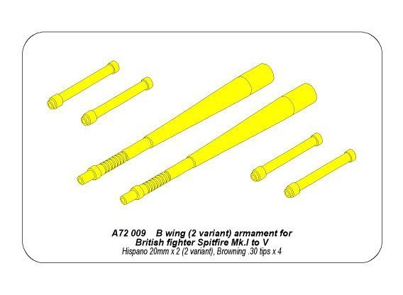 Aber A72 009 B wing (2 variant) armament for British fighterSpitfire Mk.I to V; Hispano 20mm x 2 (2 variant); Browning .30 tips x 4 (1:72)