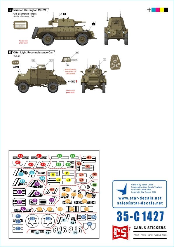 Star Decals 35-C1427 Early IDF markings # 1. Israeli armoured cars and AFVs in 1948-49. Daimler AC Mk 2, Humber AC Mk IV, Humber LRC, Marmon-Herrington Mk IVF, M3 White Scout Car, Humber SC, CMP C15TA. 1/35