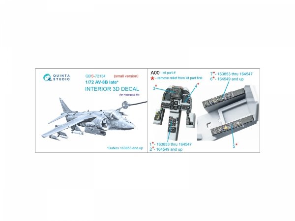 Quinta Studio QDS-72134 AV-8B late 3D-Printed coloured Interior on decal paper (Hasegawa) (small version) 1/72