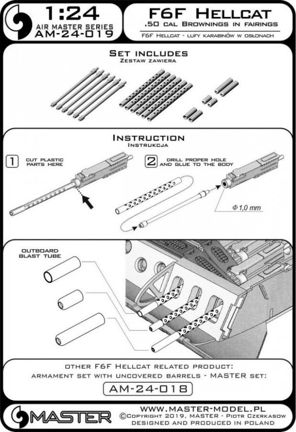 Master AM-24-019 F6F Hellcat - uzbrojenie typ późny  (km-y Browning .50 cal z osłoniętą chłodnicą) 1/24