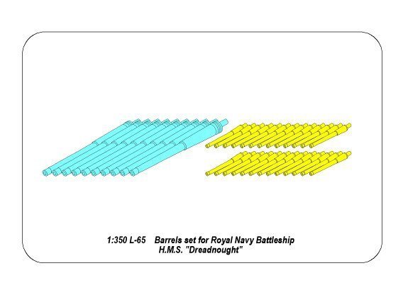 Aber 350L-65 Set of Barrels for H.M.S. Dreadnought battleship: 12'' Mk.X BLx 10pcs., 12cwt QF Mk I x 26pcs. (1:350)
