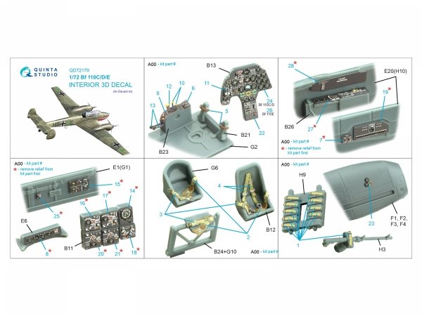 Quinta Studio QD72179 Bf 110C/D/E 3D-Printed &amp; coloured Interior on decal paper (Eduard) 1/72