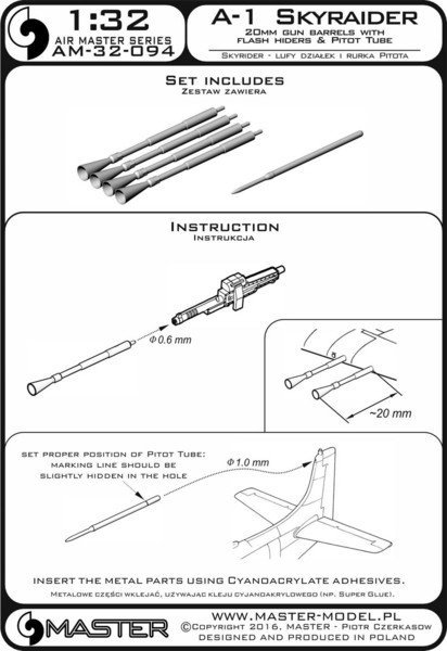 Master AM-32-094 A-1 Skyraider - 20mm cannon barrels with flash hiders and Pitot Tube 1:32