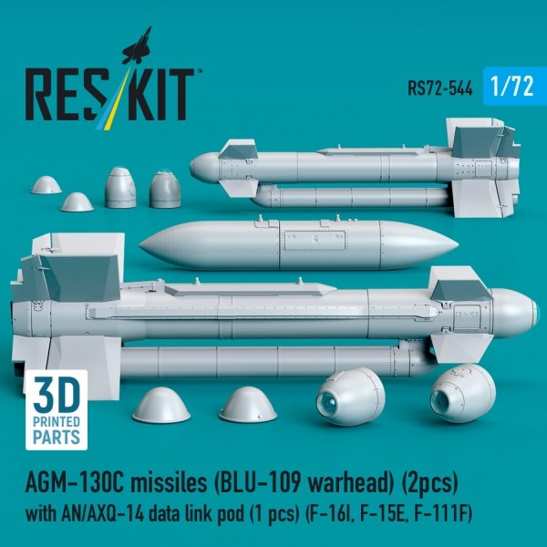 RESKIT RS72-0544 AGM-130C missiles (BLU-109 warhead) (2 pcs) with AN/AXQ-14 data link pod (1 pcs) (3D Printed) 1/72
